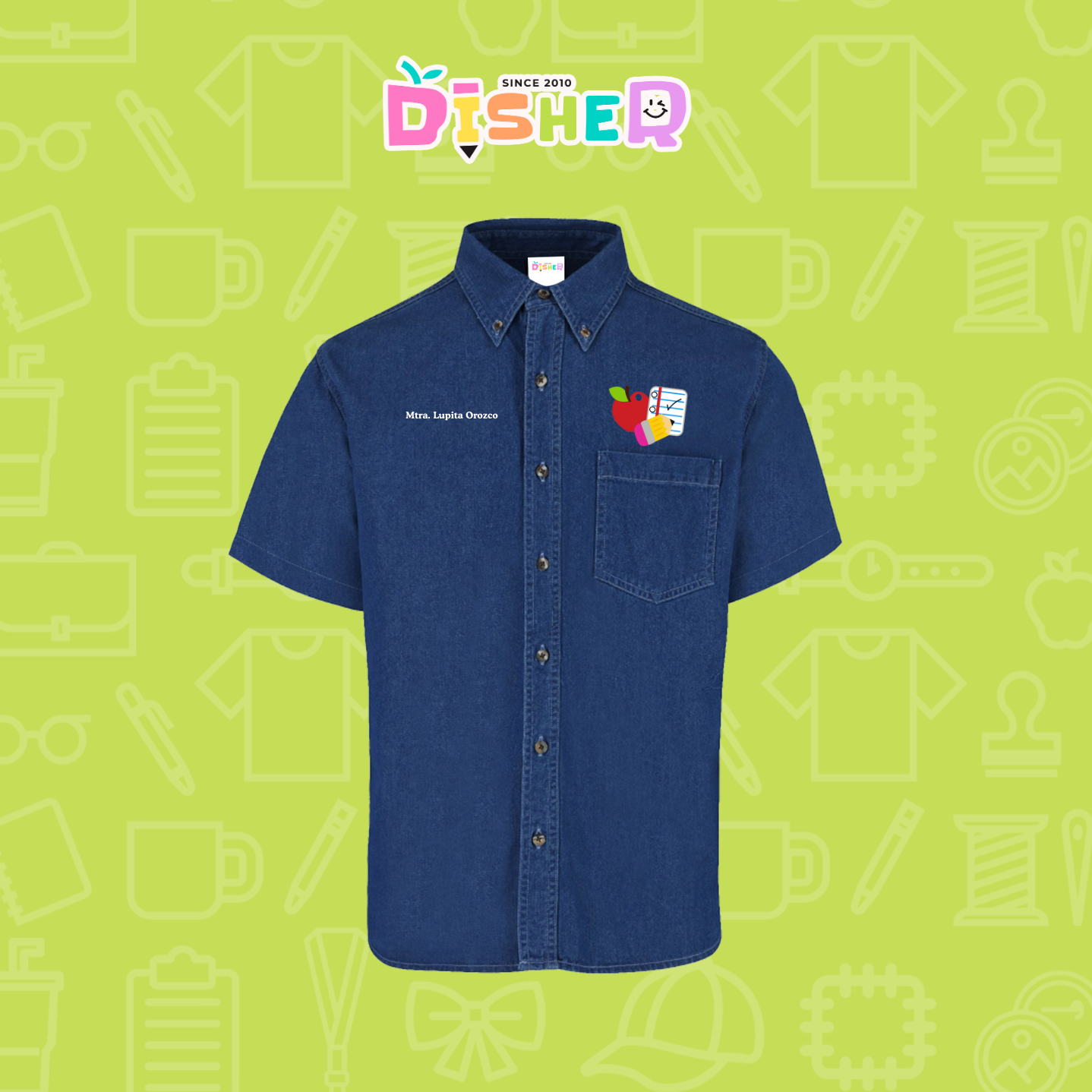 CBMC-C-088: Camisa Bordada Mezclilla Manga Corta Caballero I Útiles manzana lápiz