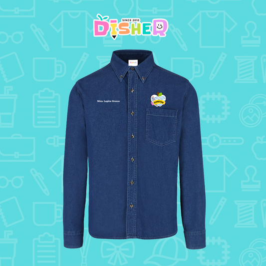 CBML-C-092: Camisa Bordada Mezclilla Manga Larga Caballero I Corazón papel preescolar