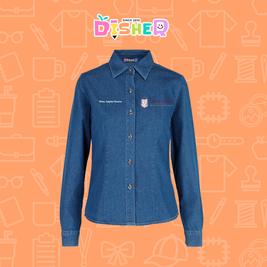 CBML-D-096: Camisa Bordada Mezclilla Manga Larga Dama I Educación