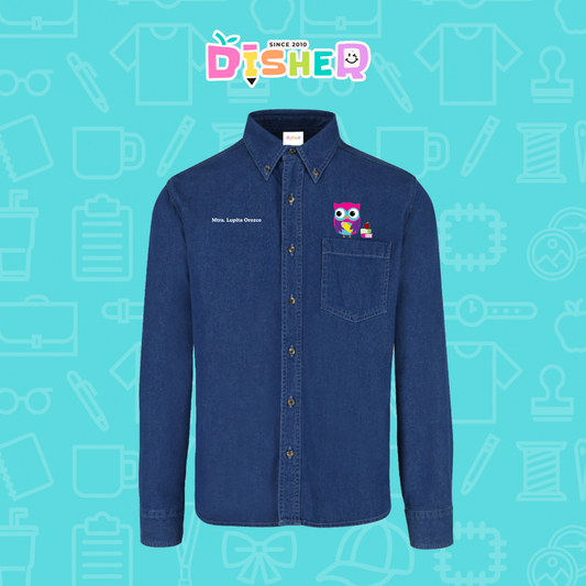 CBML-C-098: Camisa Bordada Mezclilla Manga Larga Caballero I Búho rosa