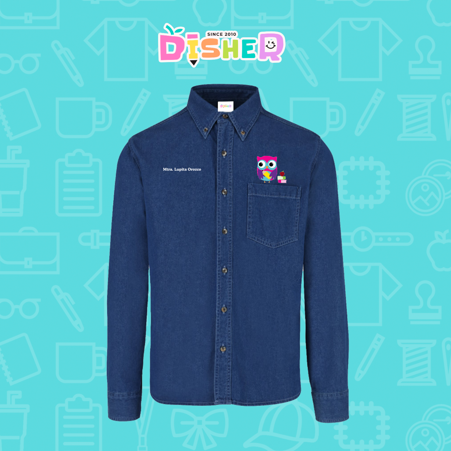 CBML-C-098: Camisa Bordada Mezclilla Manga Larga Caballero I Búho rosa