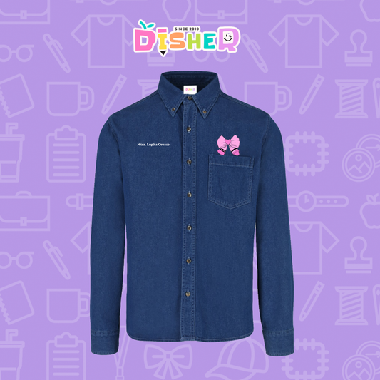 CBML-C-009: Camisa Bordada Mezclilla Manga Larga Caballero I Moño rosa crayón