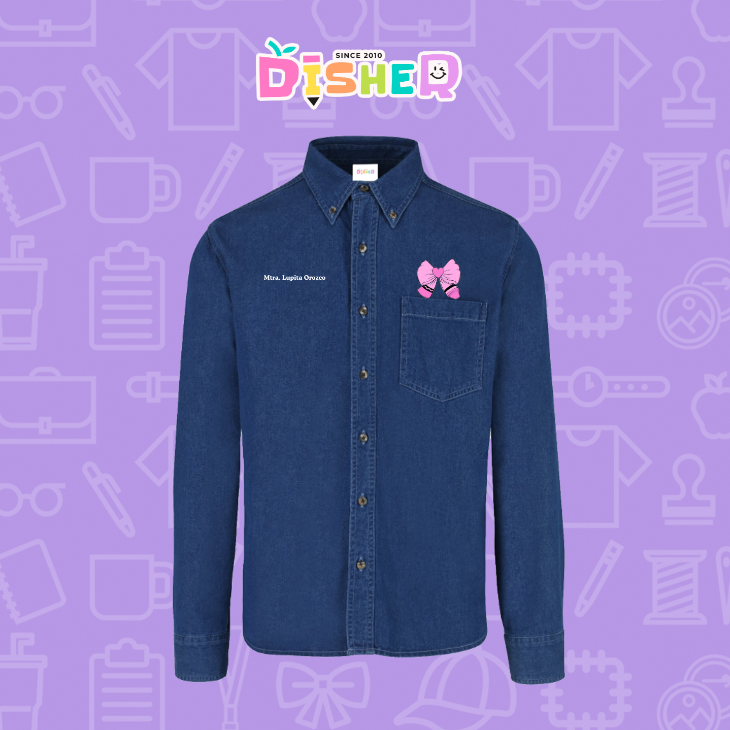 CBML-C-009: Camisa Bordada Mezclilla Manga Larga Caballero I Moño rosa crayón