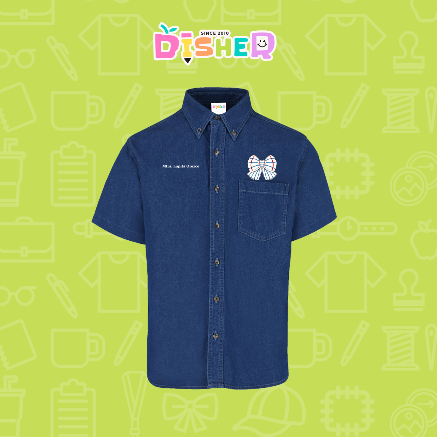 CBMC-C-010: Camisa Bordada Mezclilla Manga Corta Caballero  I Moño rayas papel