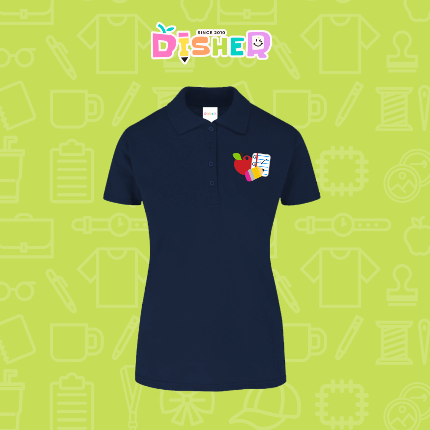 PBY-D-0088: Polo Bordada 50/50 Dama I Útiles manzana lápiz