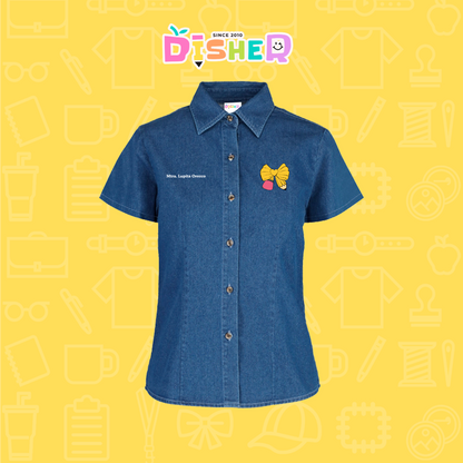 CBMC-D-011 : Camisa Bordada Mezclilla Manga Corta Dama  I  Moño lápiz amarillo