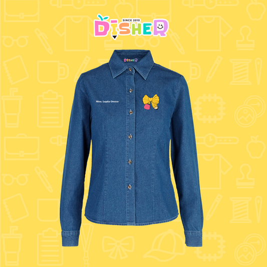 CBML-D-011: Camisa Bordada Mezclilla Manga Larga Dama  I Moño lápiz amarillo