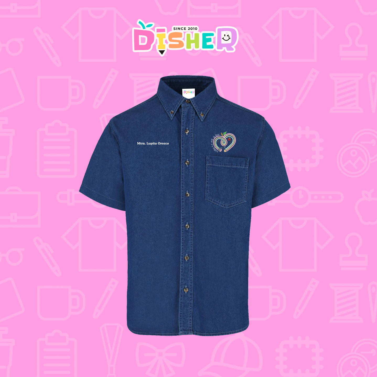 CBMC-C-013: Camisa Bordada Mezclilla Manga Corta Caballero  I Corazón lápiz tonos pastel