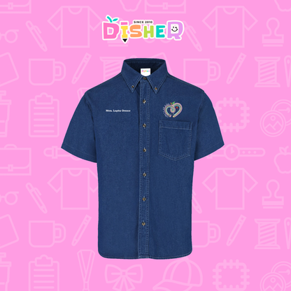 CBMC-C-013: Camisa Bordada Mezclilla Manga Corta Caballero  I Corazón lápiz tonos pastel