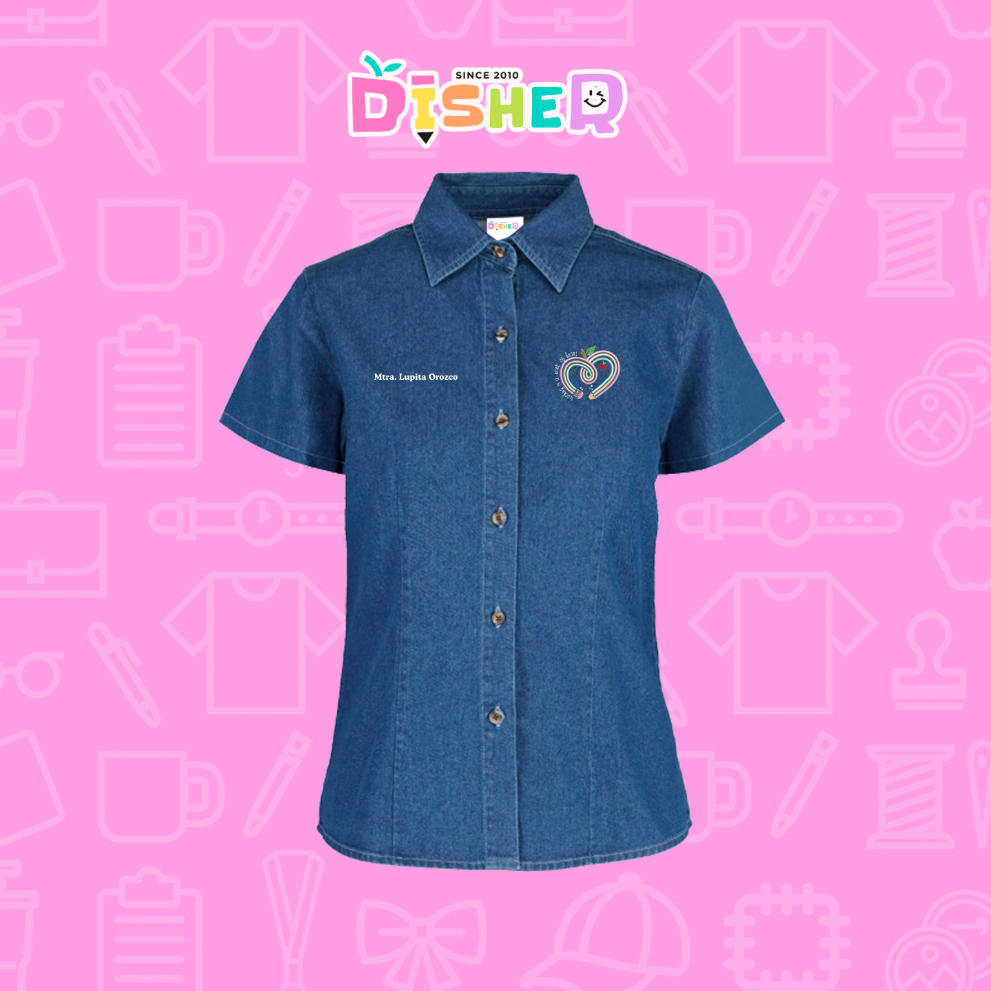 CBMC-D-013 : Camisa Bordada Mezclilla Manga Corta Dama  I  Corazón lápiz tonos pastel