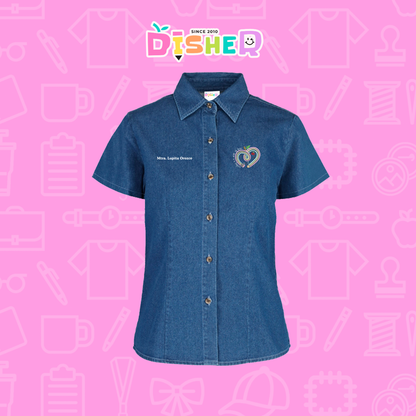 CBMC-D-013 : Camisa Bordada Mezclilla Manga Corta Dama  I  Corazón lápiz tonos pastel