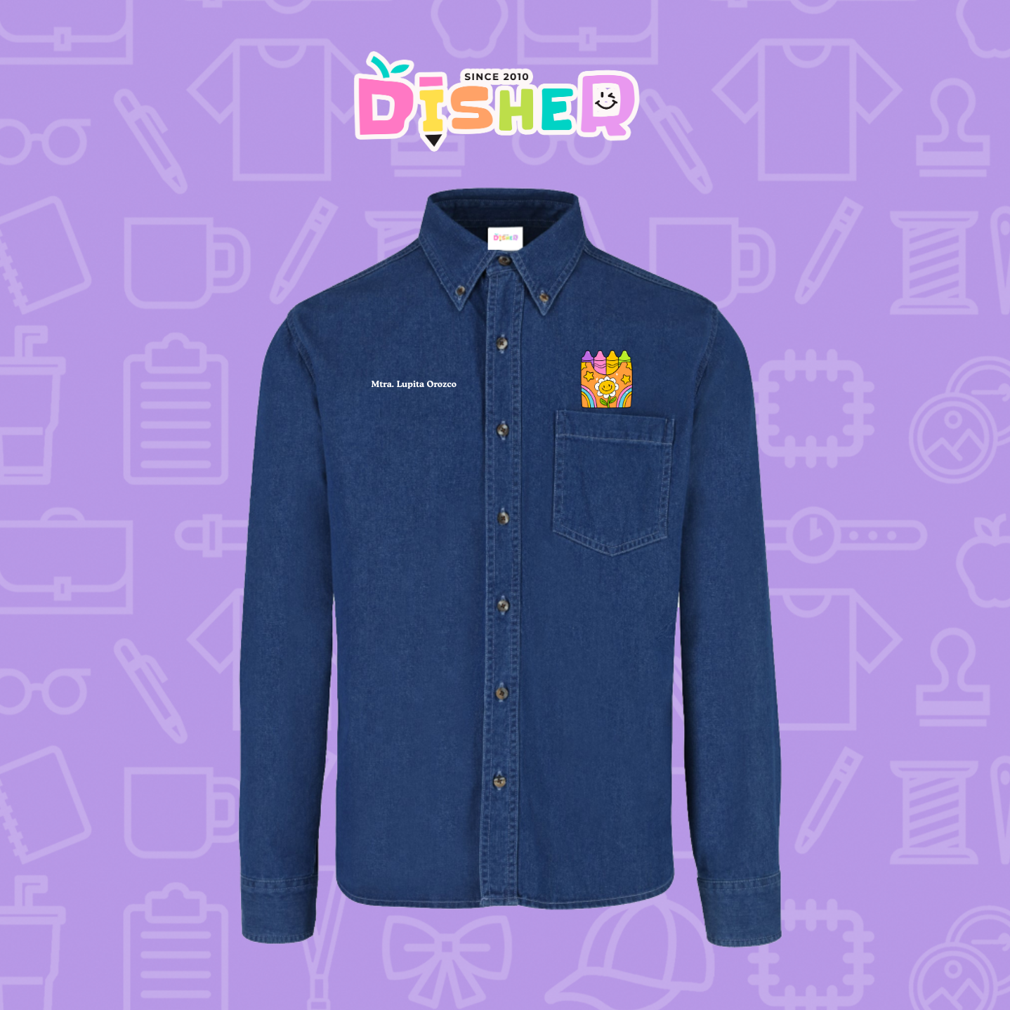 CBML-C-015: Camisa Bordada Mezclilla Manga Larga Caballero  I Crayones flor