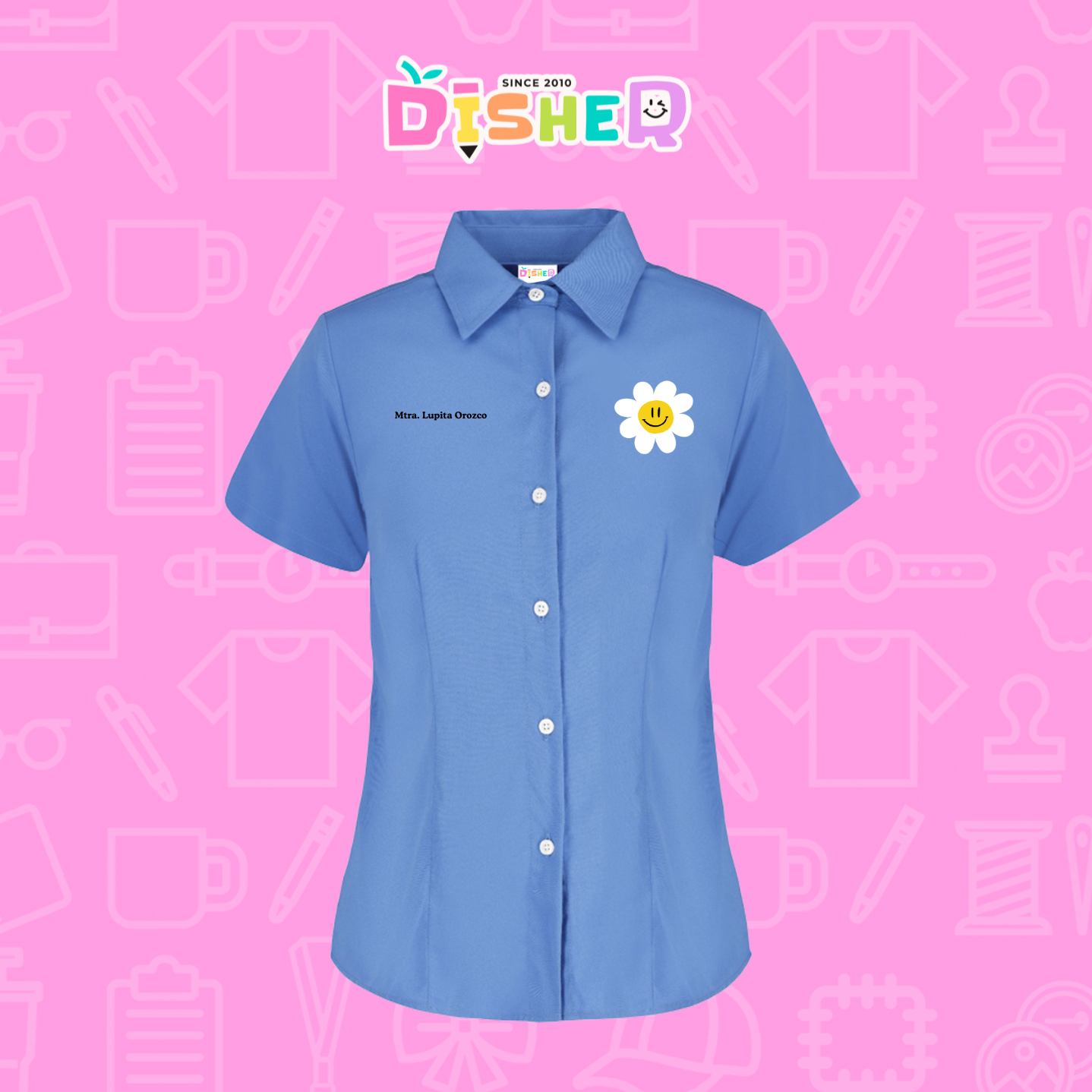 CBGC-D-023: Camisa Bordada Gabardina Manga Corta Dama  I Flor blanca