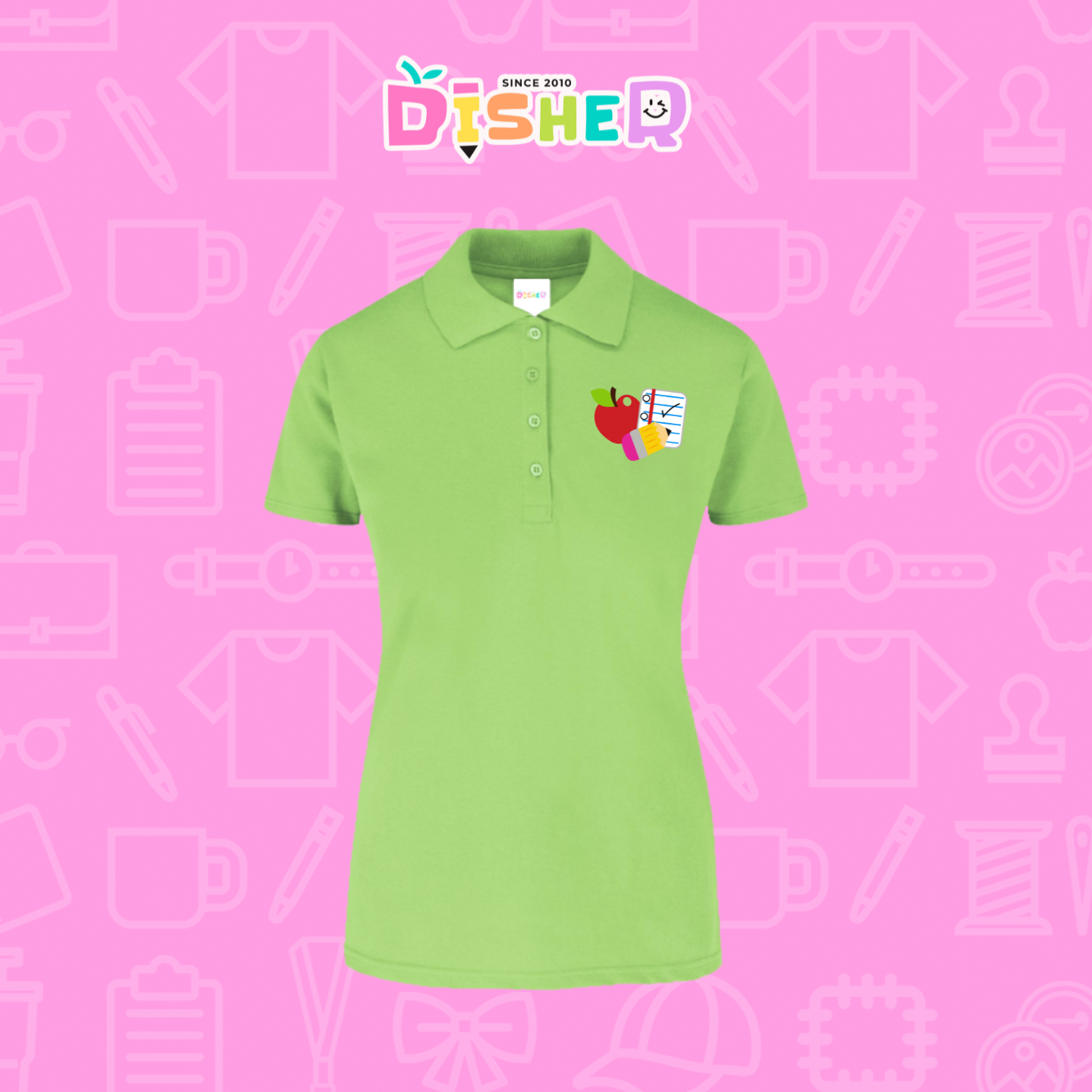 PBY-D-0088: Polo Bordada 50/50 Dama I Útiles manzana lápiz