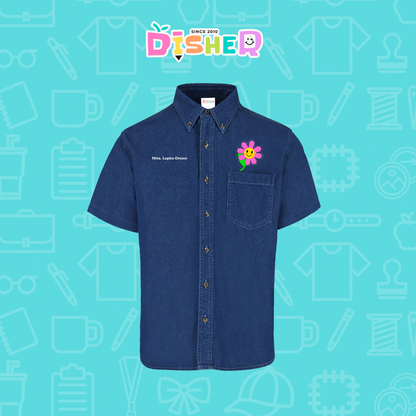 CBMC-C-020: Camisa Bordada Mezclilla Manga Corta Caballero  I Flor rosita