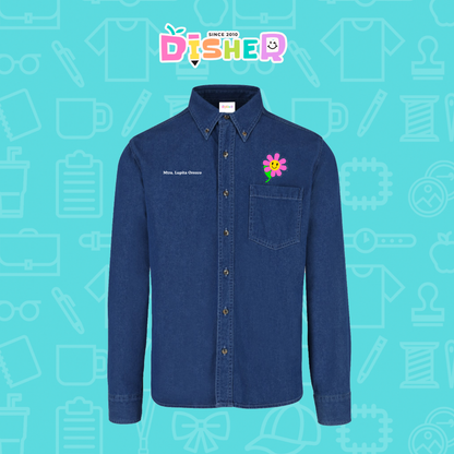 CBML-C-020: Camisa Bordada Mezclilla Manga Larga Caballero  I Flor rosita