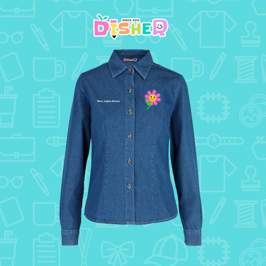 CBML-D-020: Camisa Bordada Mezclilla Manga Larga Dama  I Flor rosita