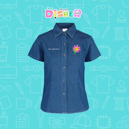 CBMC-D-020 : Camisa Bordada Mezclilla Manga Corta Dama  I  Flor rosita