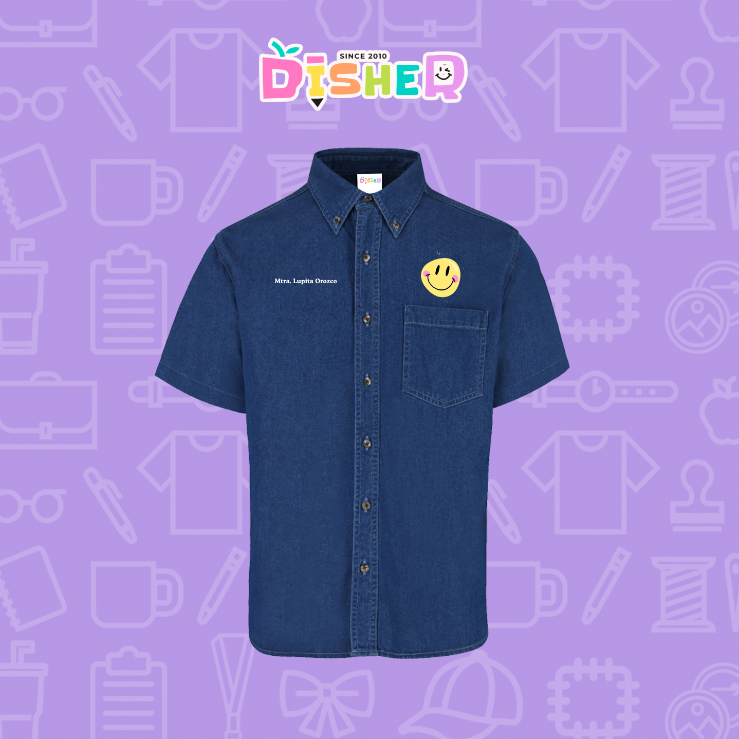 CBMC-C-021: Camisa Bordada Mezclilla Manga Corta Caballero  I Happy face