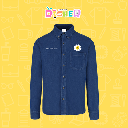 CBML-C-023: Camisa Bordada Mezclilla Manga Larga Caballero  I Flor blanca