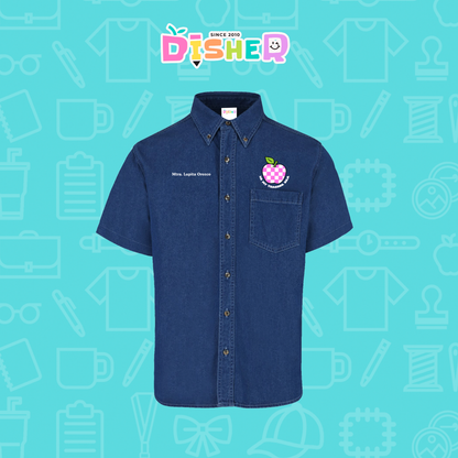 CBMC-C-026: Camisa Bordada Mezclilla Manga Corta Caballero  I Manzana cuadros