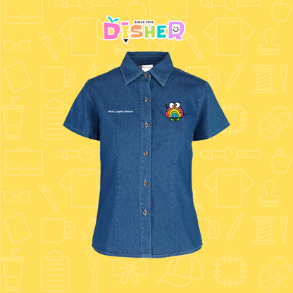 CBMC-D-029 : Camisa Bordada Mezclilla Manga Corta Dama  I  Arcoiris manitas