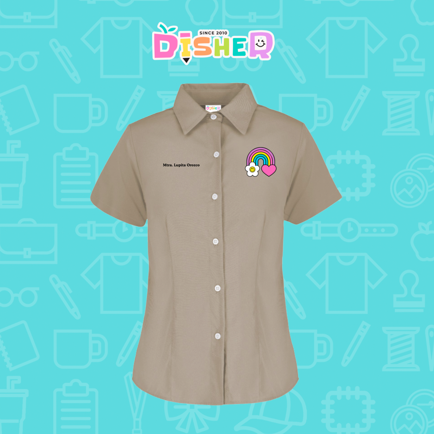 CBGC-D-025: Camisa Bordada Gabardina Manga Corta Dama  I Arcoiris corazón