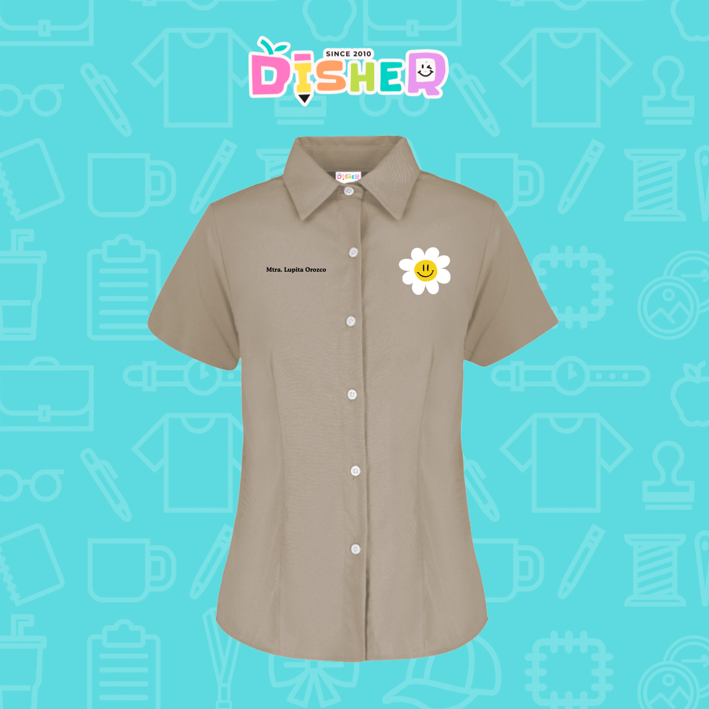 CBGC-D-023: Camisa Bordada Gabardina Manga Corta Dama  I Flor blanca
