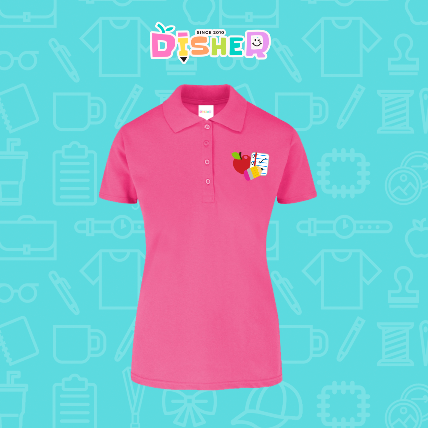 PBY-D-0088: Polo Bordada 50/50 Dama I Útiles manzana lápiz