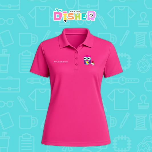 PBD-D-098: Polo Bordada Dry Fit Dama I Búho rosa