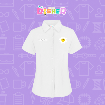 CBGC-D-023: Camisa Bordada Gabardina Manga Corta Dama  I Flor blanca