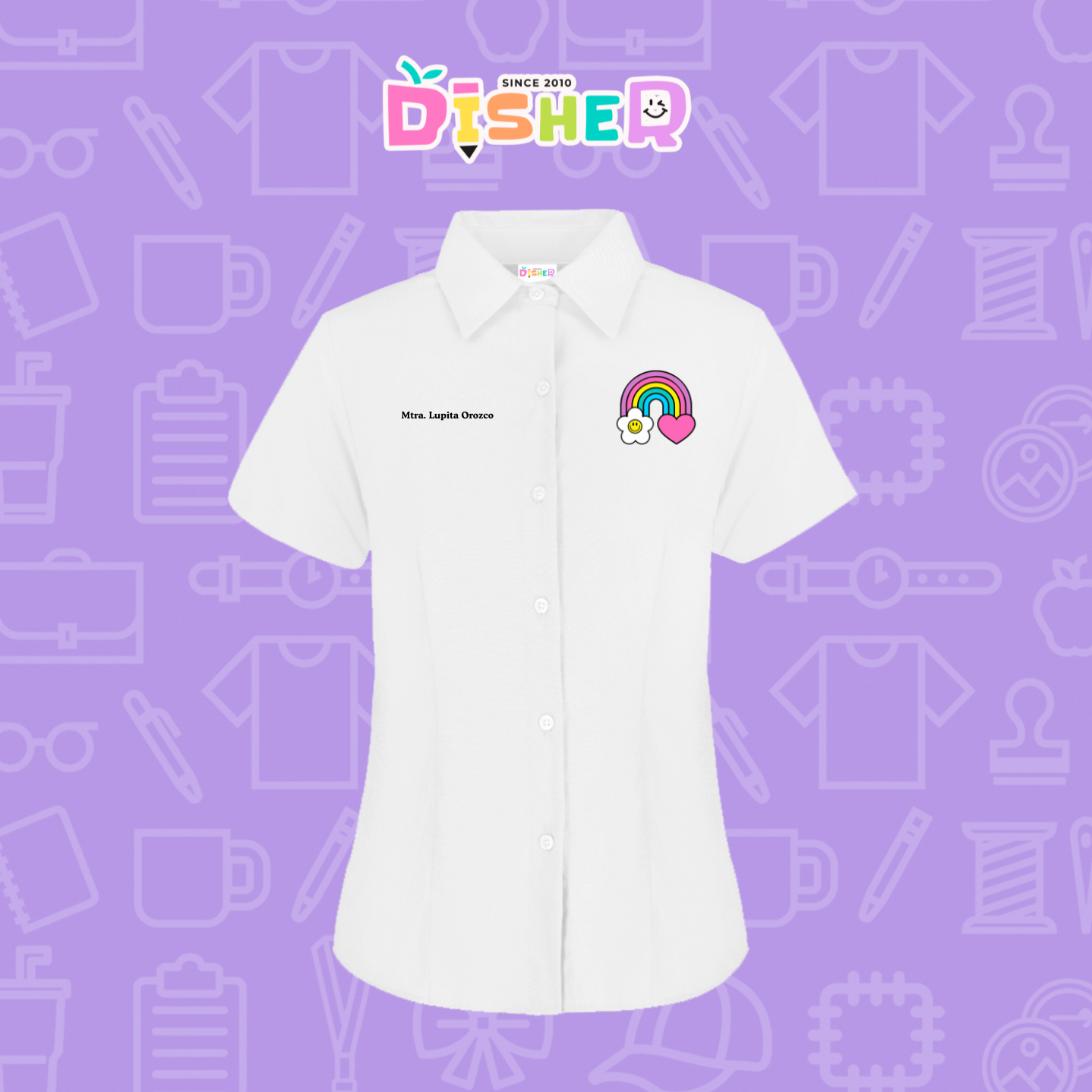CBGC-D-025: Camisa Bordada Gabardina Manga Corta Dama  I Arcoiris corazón