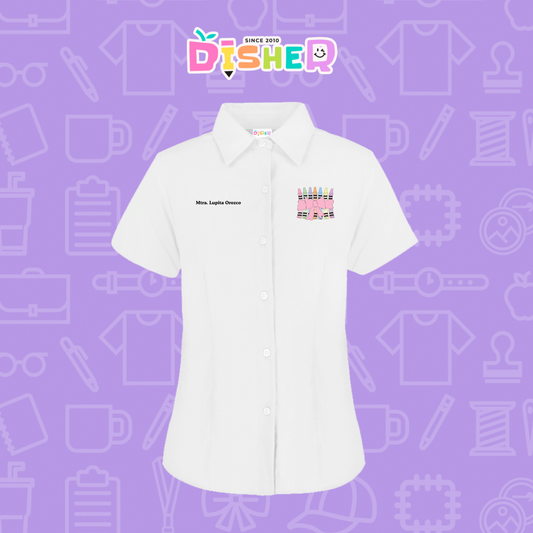 CBGC-D-008: Camisa Bordada Gabardina Manga Corta Dama  I Crayones moño