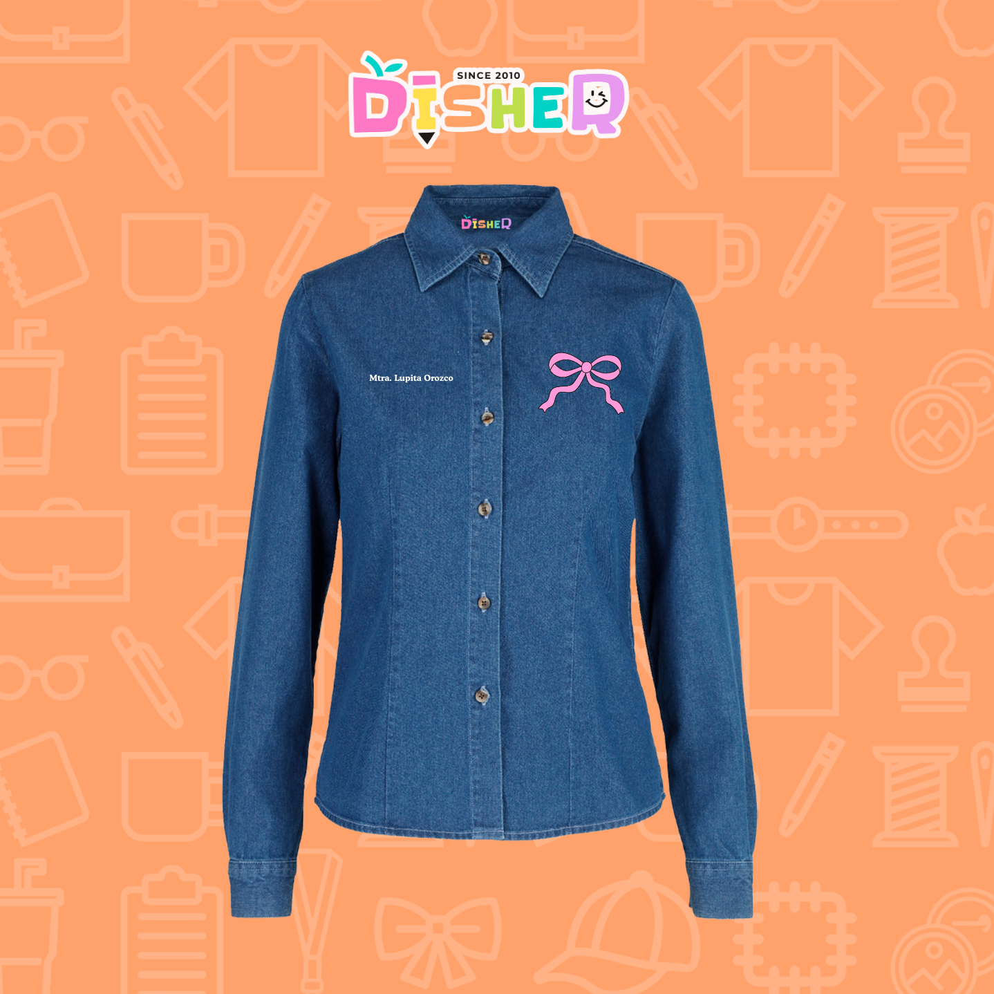 CBML-D-048: Camisa Bordada Mezclilla Manga Larga Dama  I Moño girly