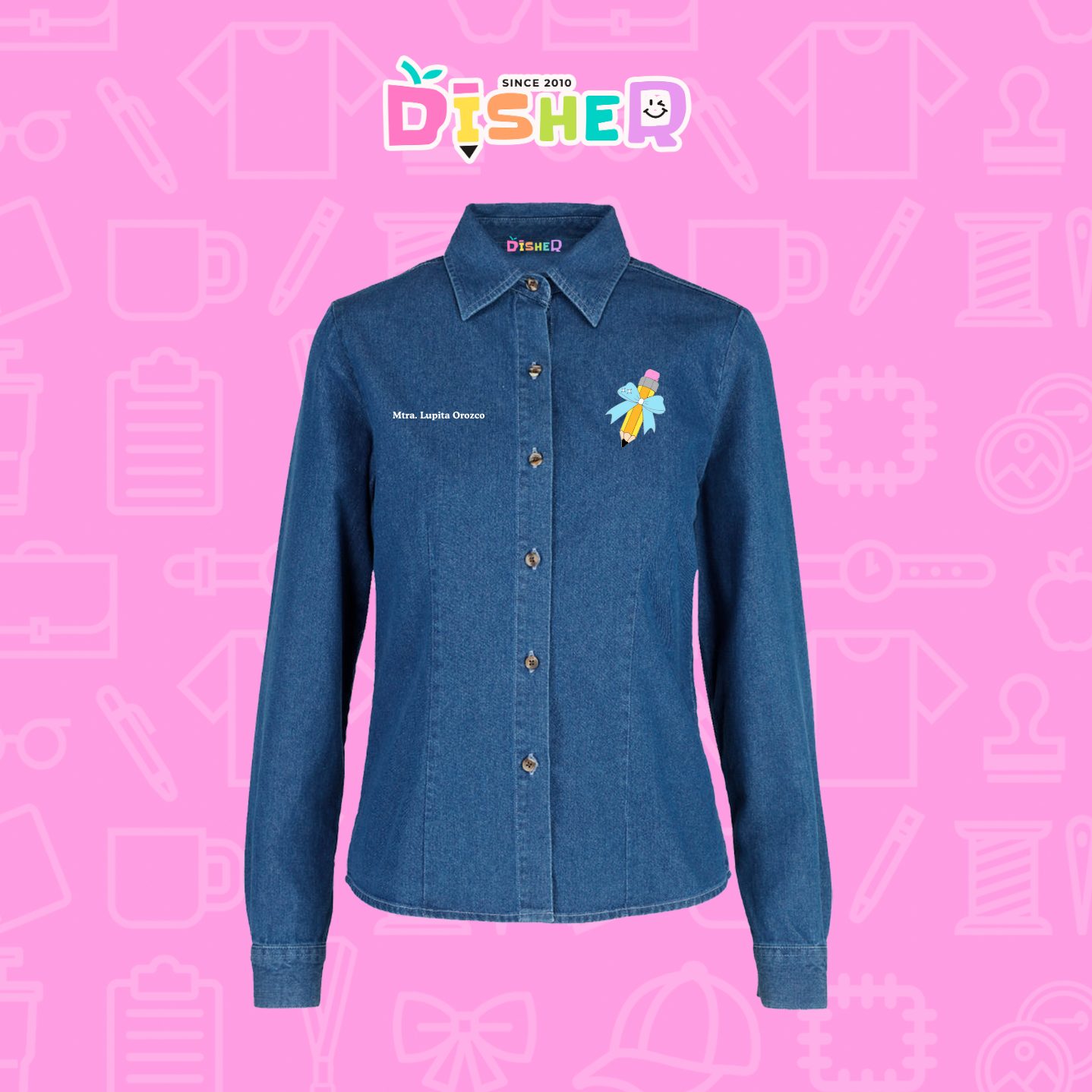 CBML-D-049: Camisa Bordada Mezclilla Manga Larga Dama  I Lápiz moño