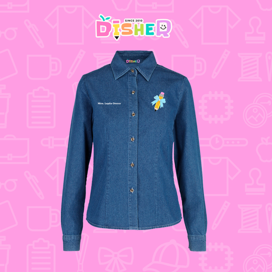 CBML-D-049: Camisa Bordada Mezclilla Manga Larga Dama  I Lápiz moño