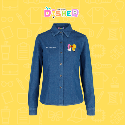 CBML-D-005: Camisa Bordada Mezclilla Manga Larga Dama  I Moño lápiz hoja