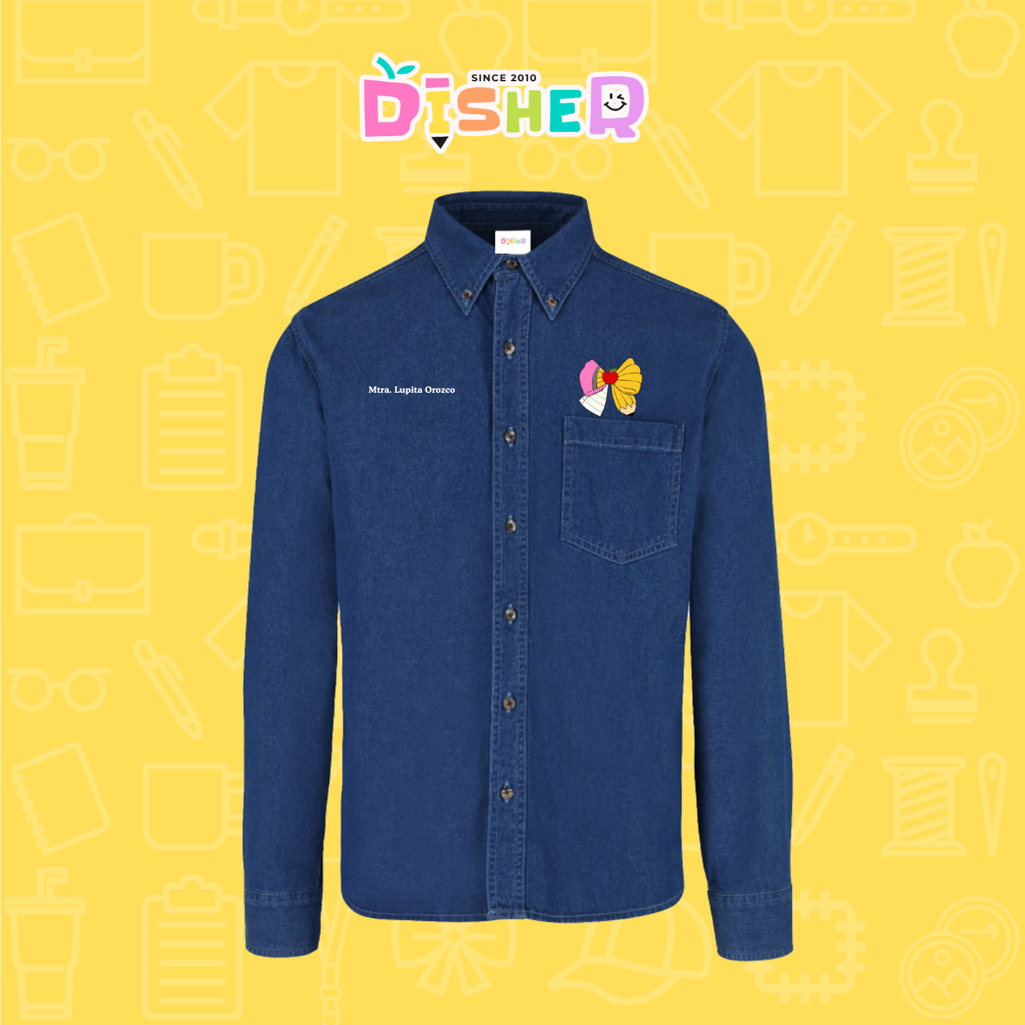 CBML-C-005: Camisa Bordada Mezclilla Manga Larga Caballero  I Moño lápiz hoja