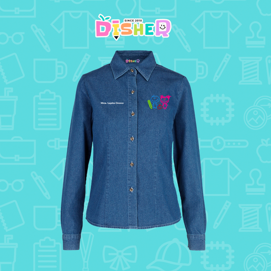 CBML-D-062: Camisa Bordada Mezclilla Manga Larga Dama  I Niños trazos