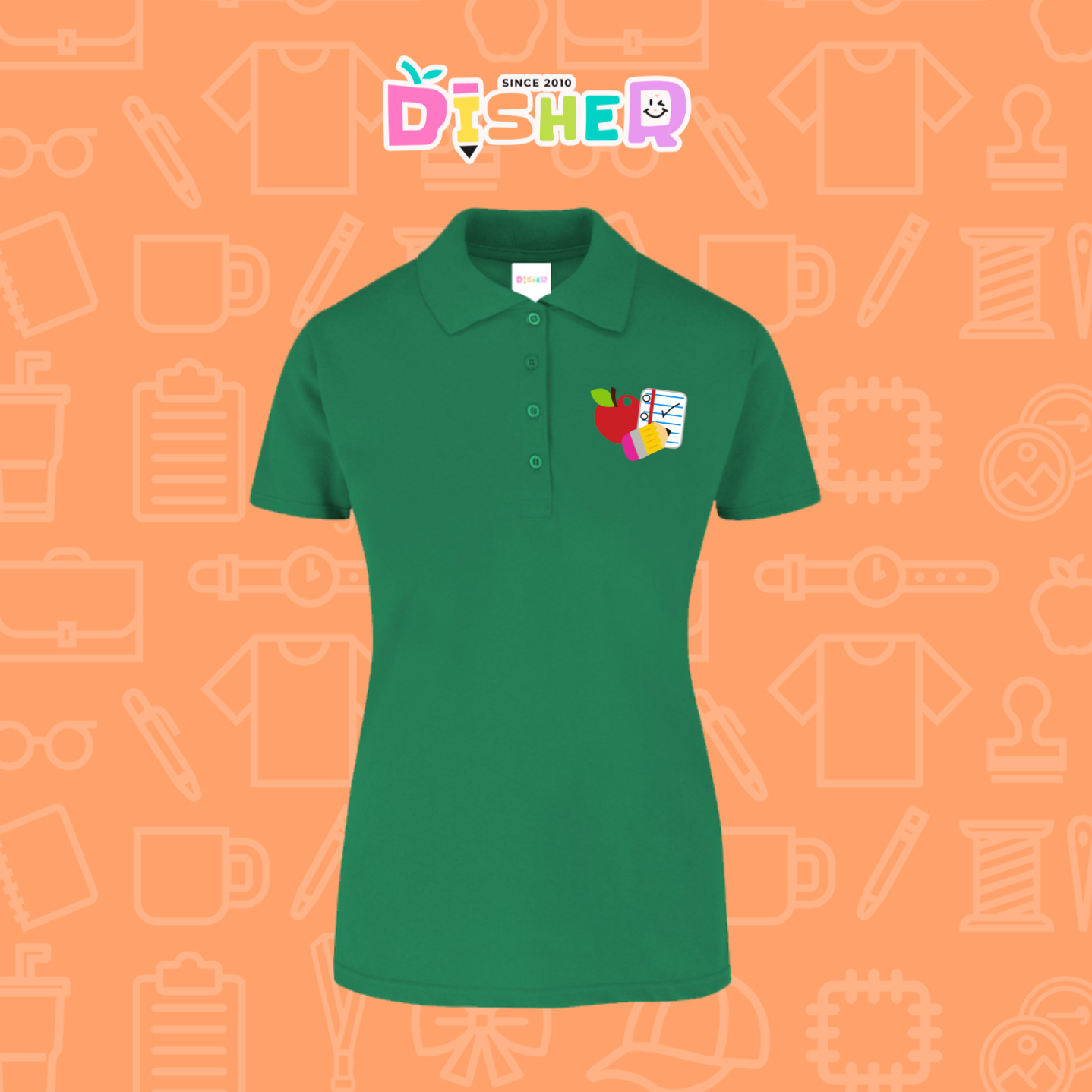 PBY-D-0088: Polo Bordada 50/50 Dama I Útiles manzana lápiz