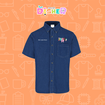 CBMC-C-006: Camisa Bordada Mezclilla Manga Corta Caballero  I Teach pink