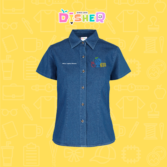 CBMC-D-071: Camisa Bordada Mezclilla Manga Corta Dama  I Globo terráqueo trazos