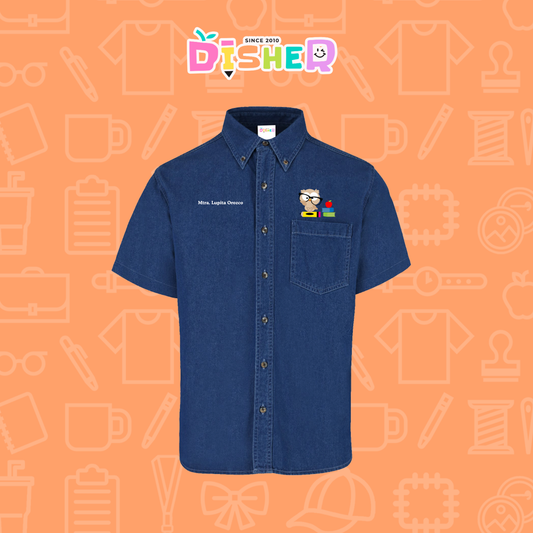 CBMC-C-072: Camisa Bordada Mezclilla Manga Corta Caballero  I Búho lentes