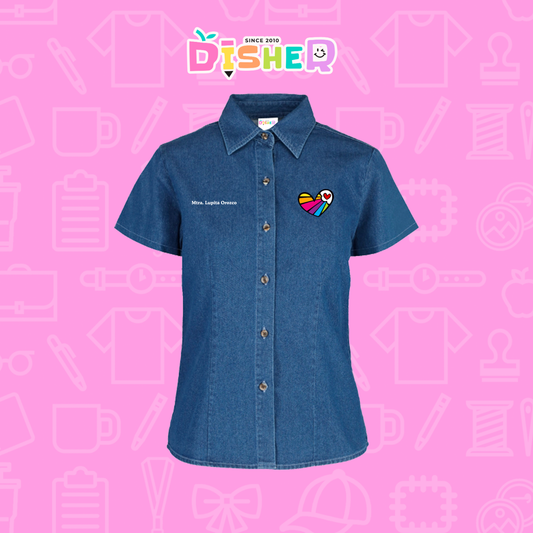 CBMC-D-073: Camisa Bordada Mezclilla Manga Corta Dama  I Corazón líneas