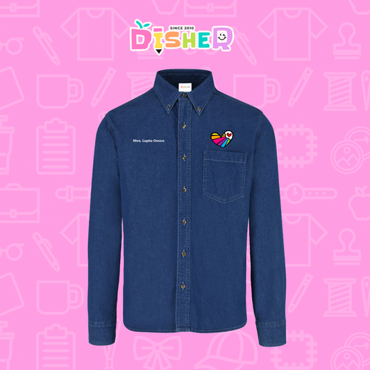 CBML-C-073: Camisa Bordada Mezclilla Manga Larga Caballero  I Corazón líneas