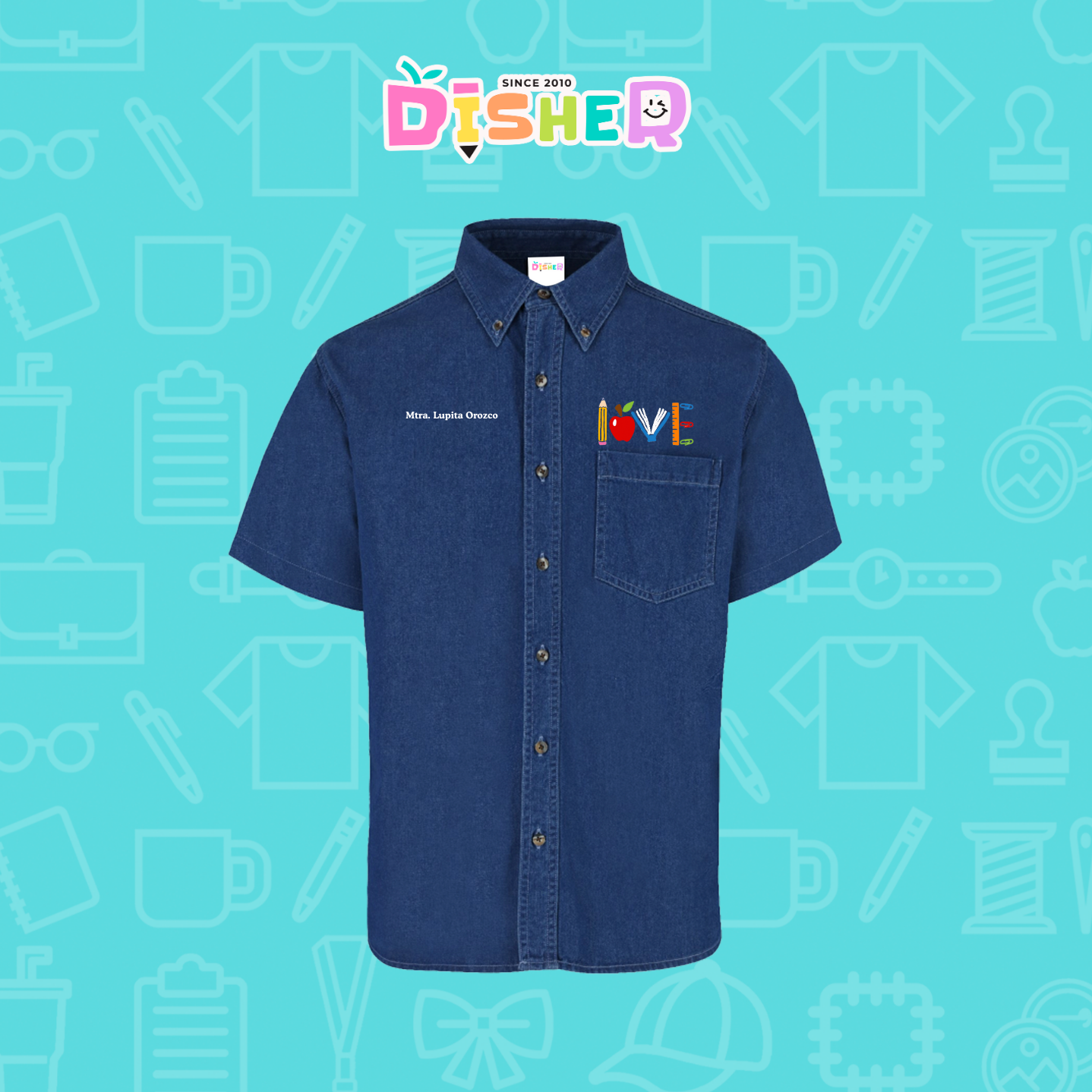 CBMC-C-074: Camisa Bordada Mezclilla Manga Corta Caballero  I Love libro