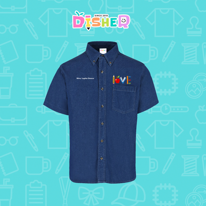 CBMC-C-074: Camisa Bordada Mezclilla Manga Corta Caballero  I Love libro