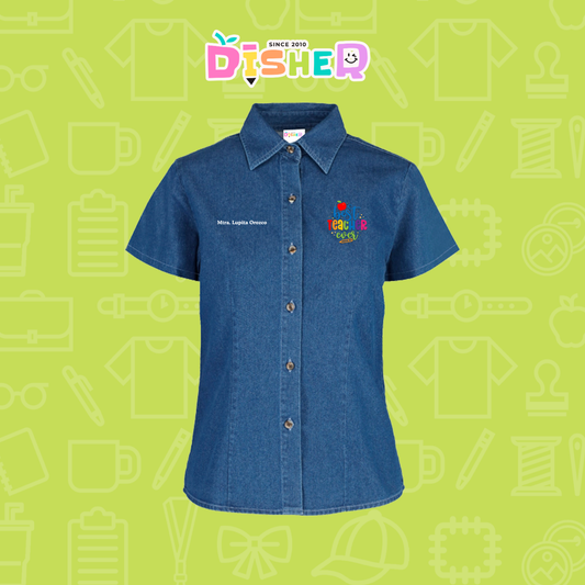 CBMC-D-076: Camisa Bordada Mezclilla Manga Corta Dama  I Best teacher ever