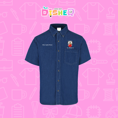 CBMC-C-079: Camisa Bordada Mezclilla Manga Corta Caballero  I Búho gris manzana