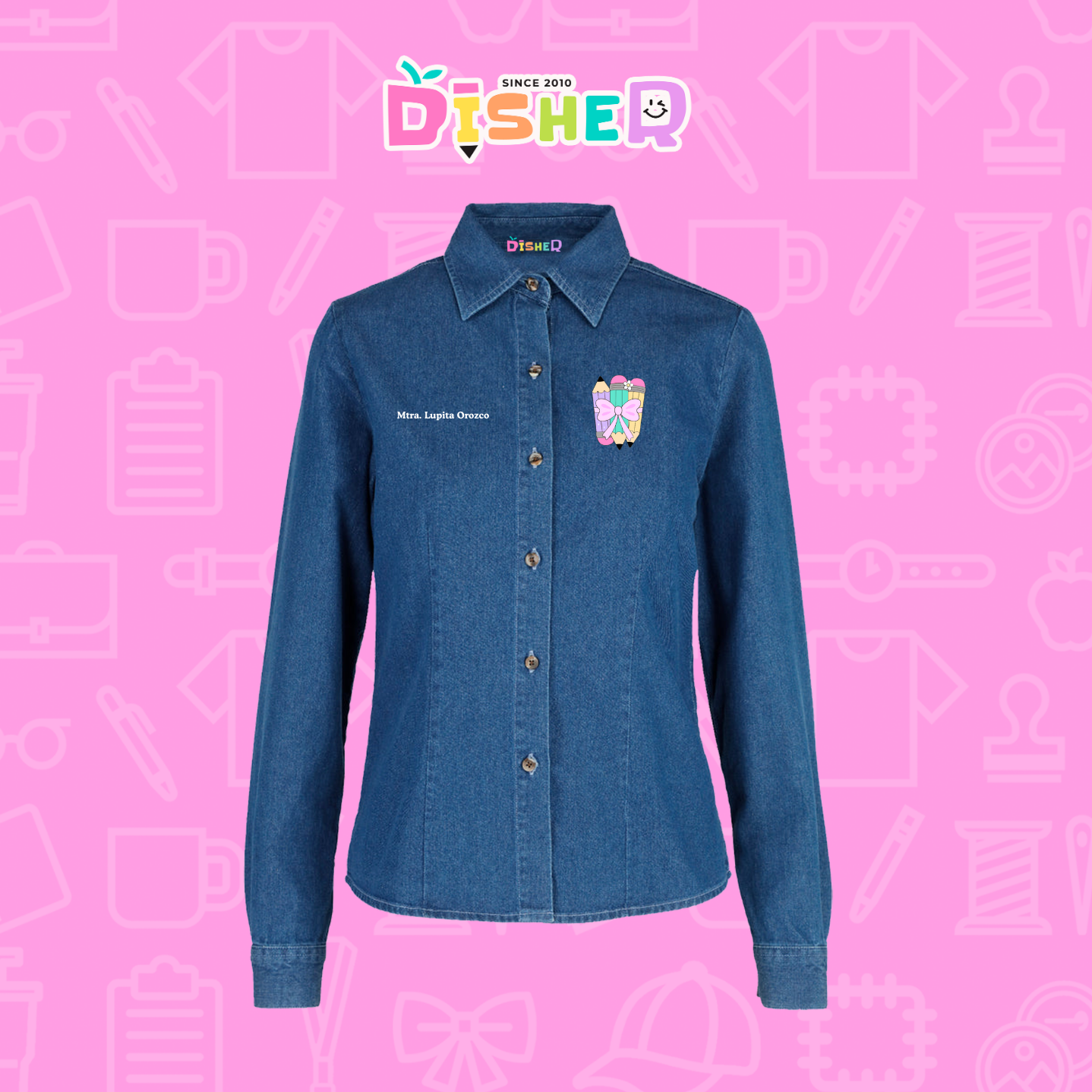 CBML-D-007: Camisa Bordada Mezclilla Manga Larga Dama  I Lápices moñitos